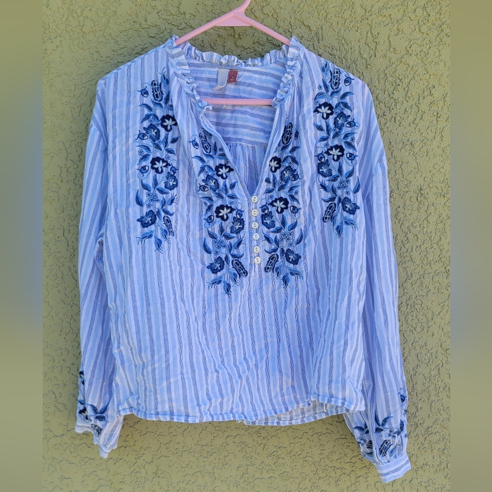 Anthropologie Pilcro The Tavi Blouse Blue Motif Floral Embroidery - Picture 3 of 8